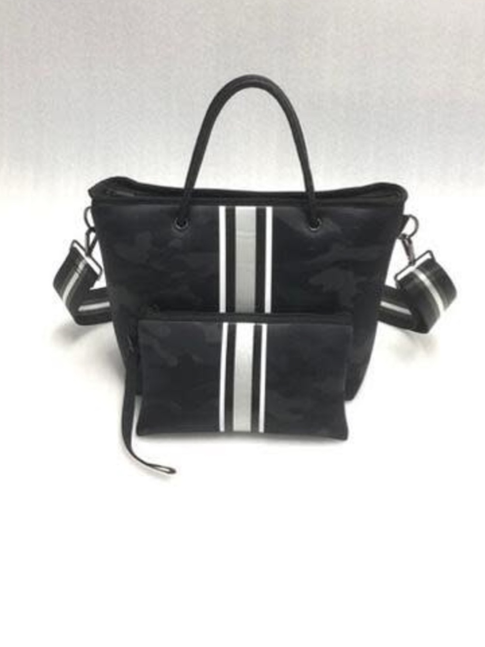 Haute Shore Black Striped Tote with Matching Pouch